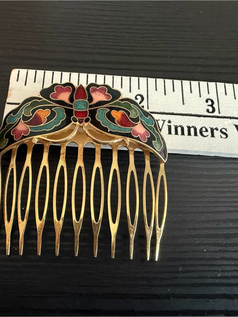 Vintage Cloisonné Gold tone butterfly Enamel Hair Comb